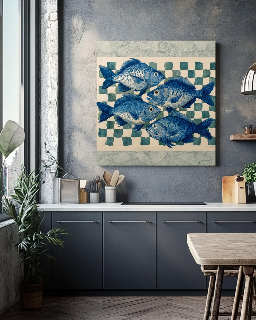 Blue Fish Print Art, Coastal Nautical Canvas Wall Decor