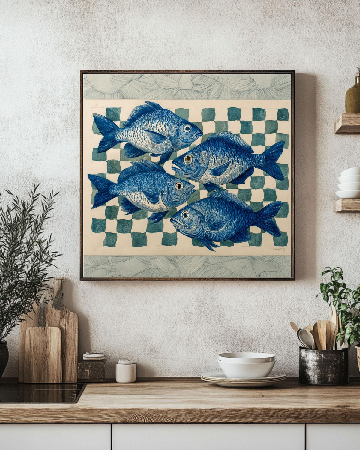 Blue Fish Print Art, Coastal Nautical Canvas Wall Decor