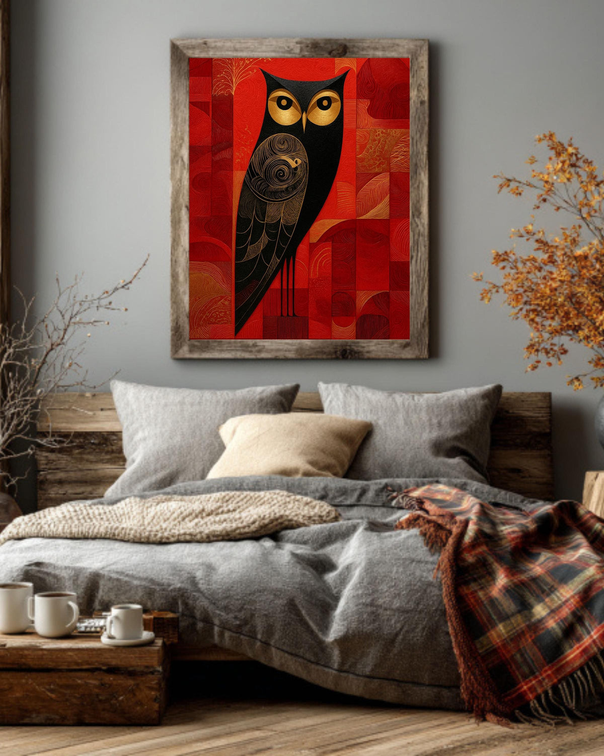 Art Deco Owl Canvas Print, Black Gold Geometric Bird, Red Textured Art