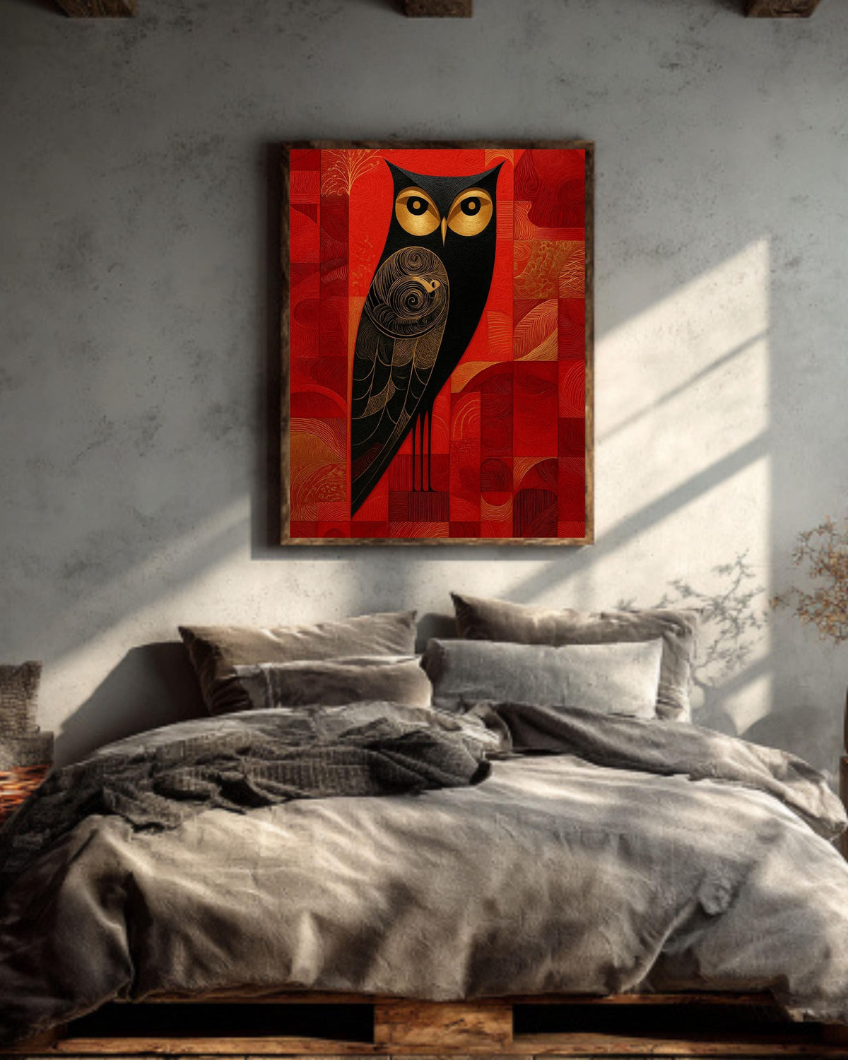 Art Deco Owl Canvas Print, Black Gold Geometric Bird, Red Textured Art