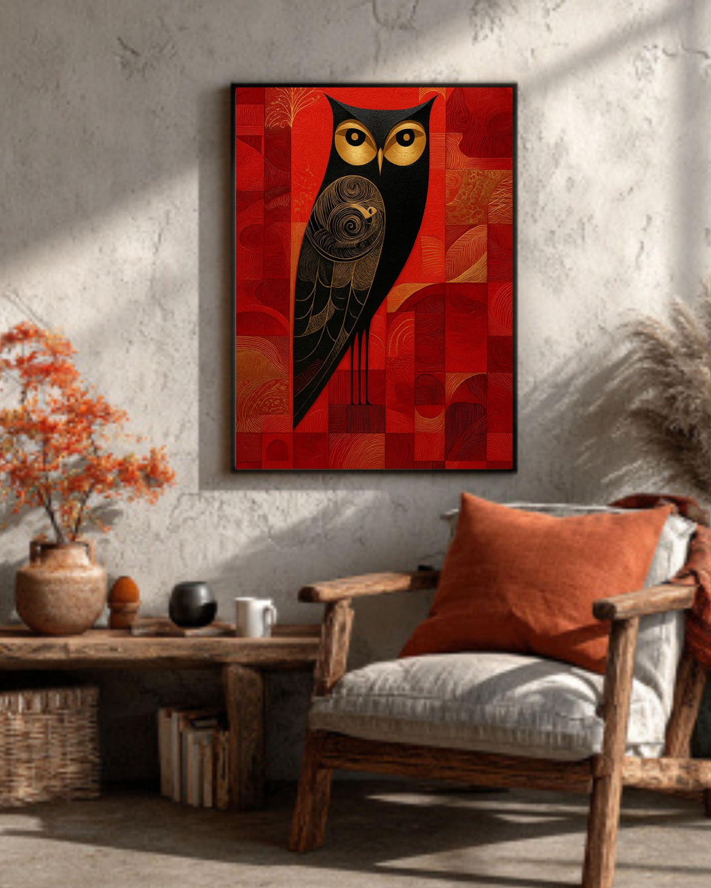 Art Deco Owl Canvas Print, Black Gold Geometric Bird, Red Textured Art