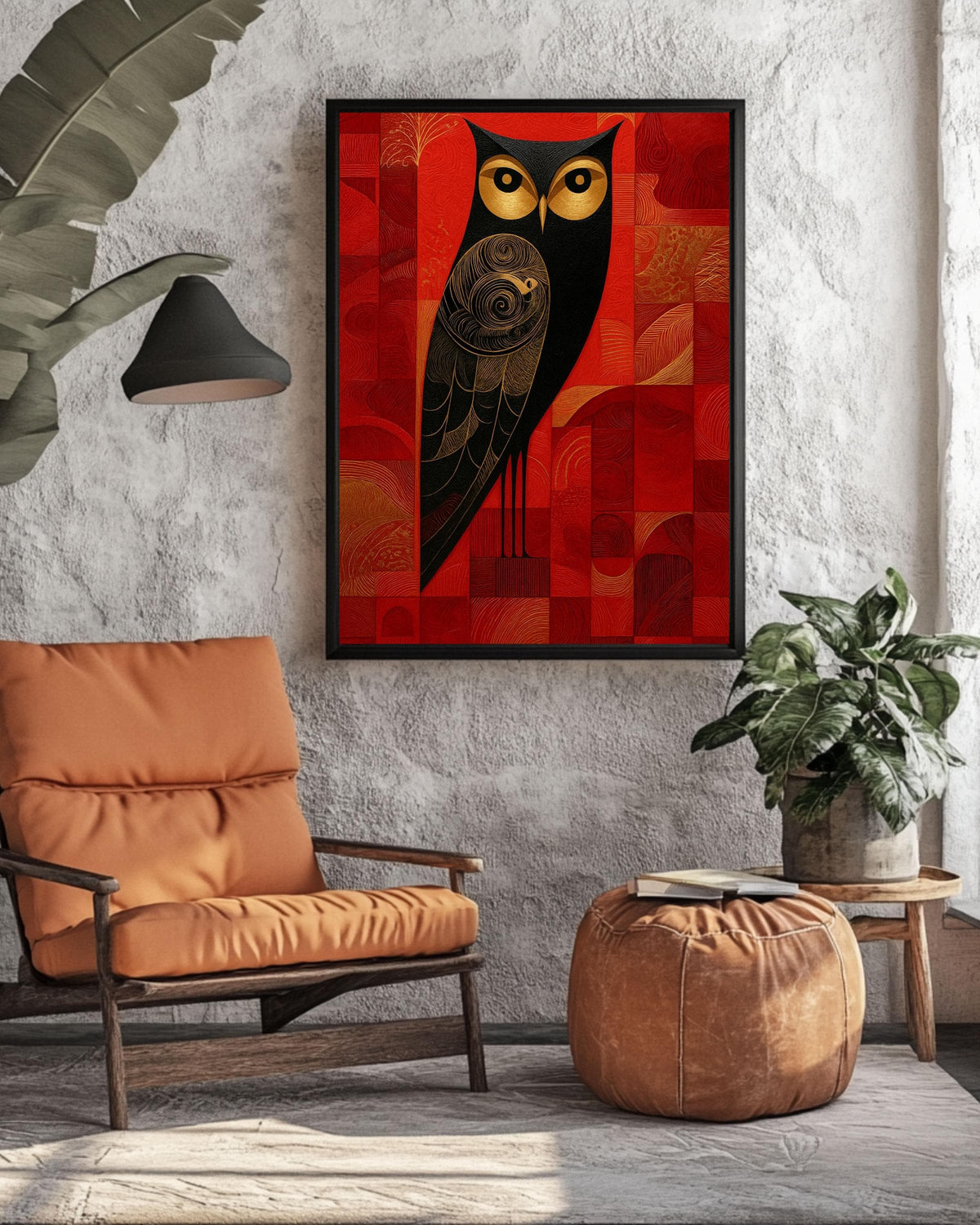 Art Deco Owl Canvas Print, Black Gold Geometric Bird, Red Textured Art