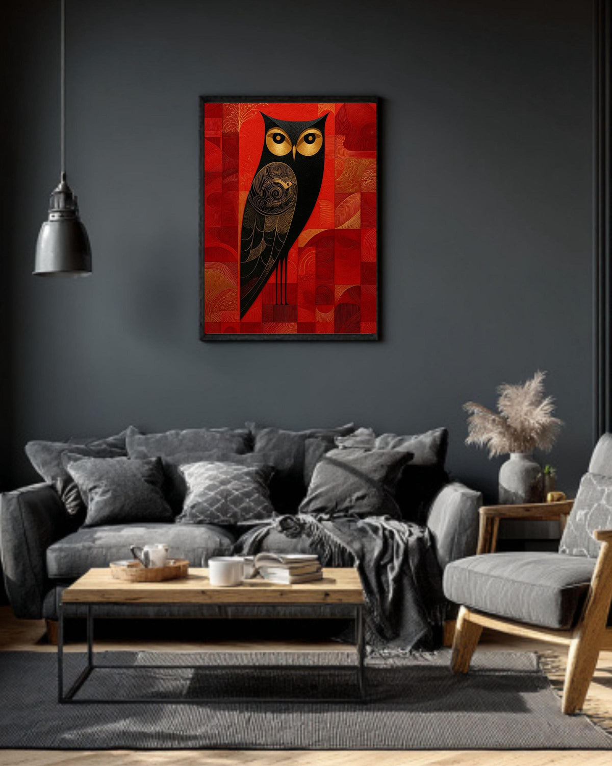 Art Deco Owl Canvas Print, Black Gold Geometric Bird, Red Textured Art