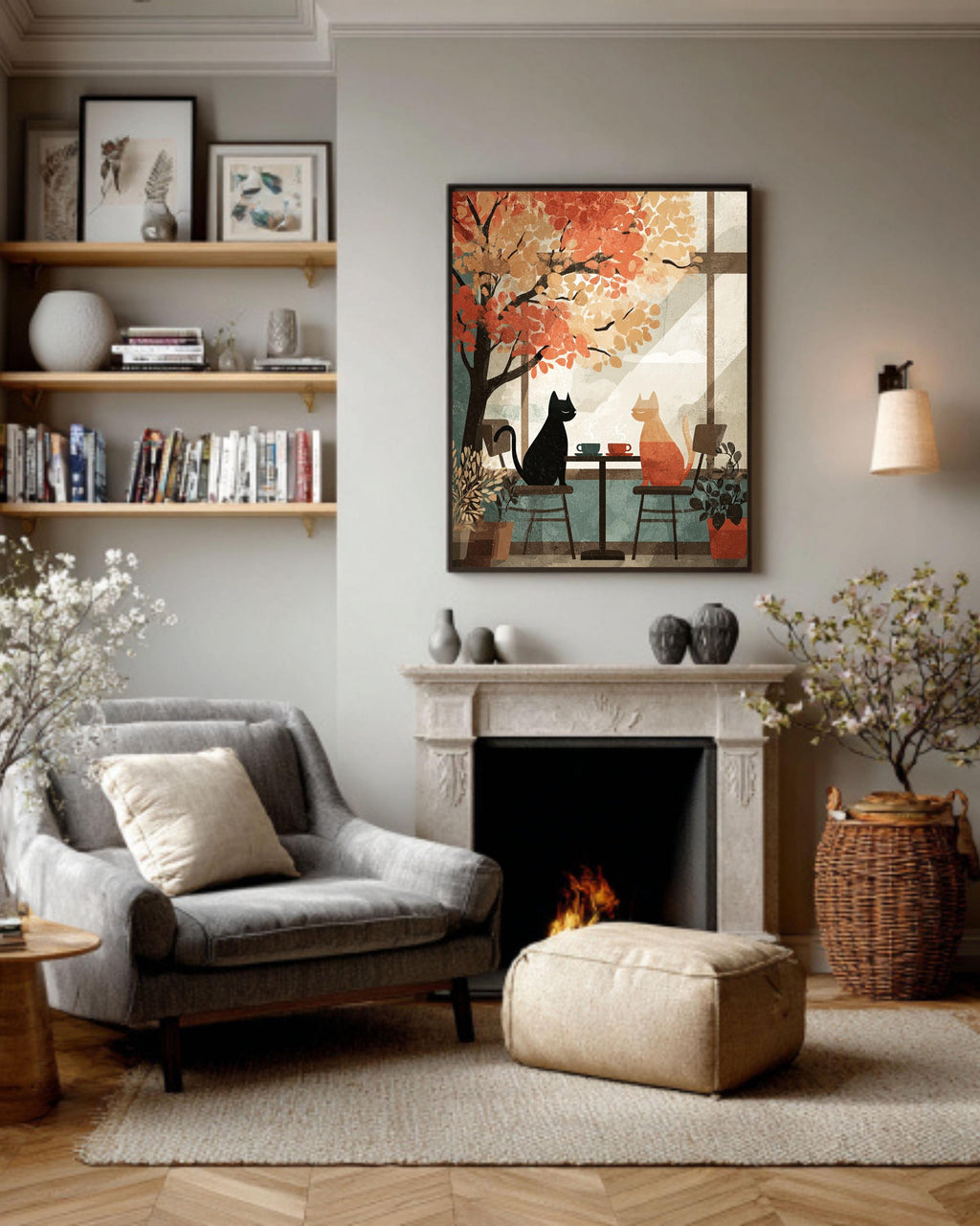 Autumn Cafe Cat Canvas Print, Cozy Vintage Window Scene Art
