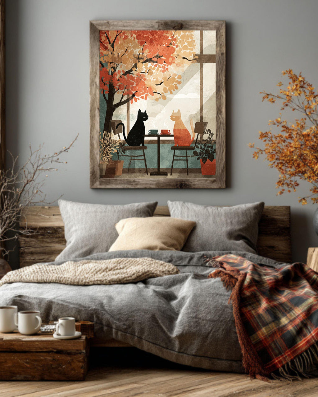 Autumn Cafe Cat Canvas Print, Cozy Vintage Window Scene Art