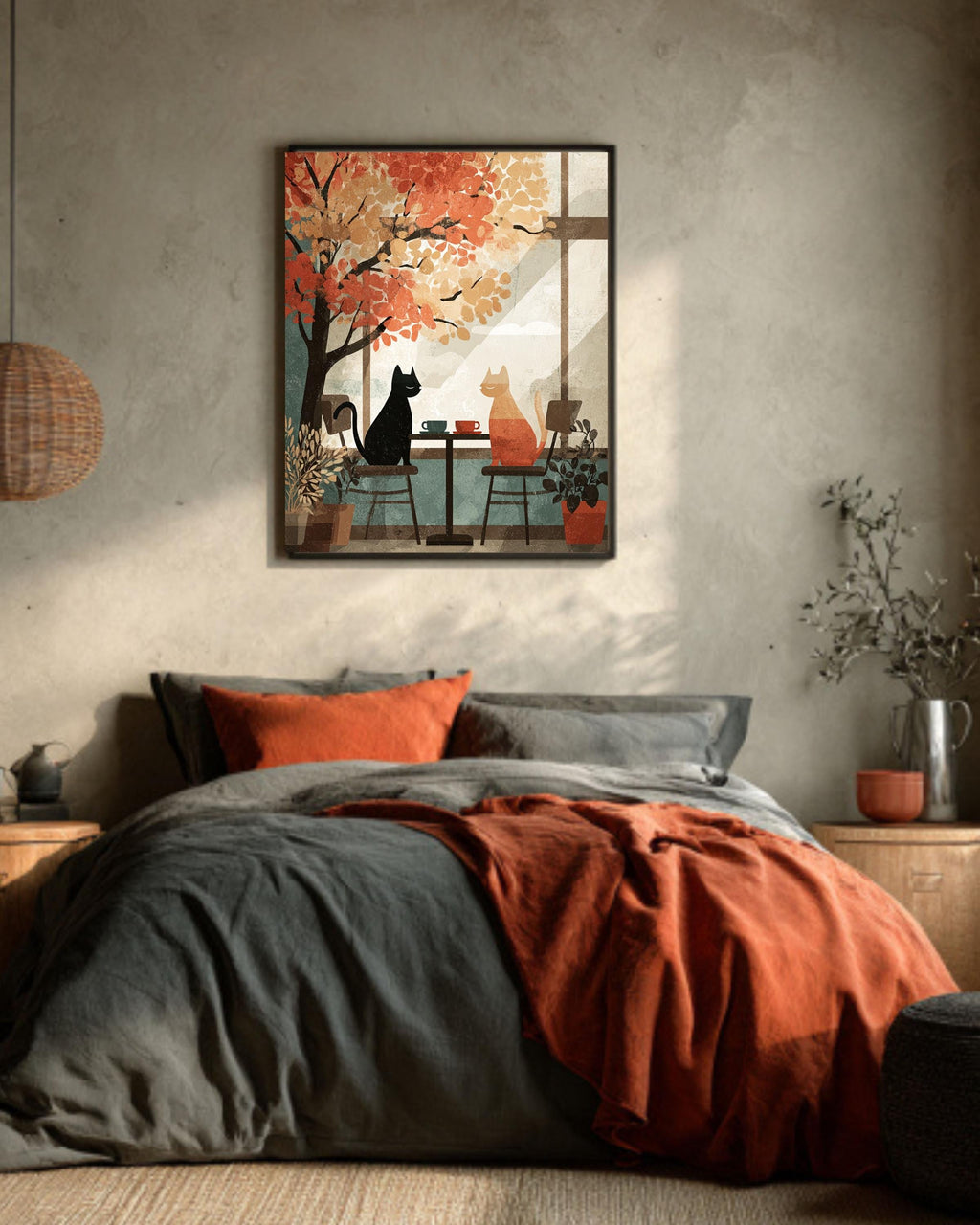 Autumn Cafe Cat Canvas Print, Cozy Vintage Window Scene Art