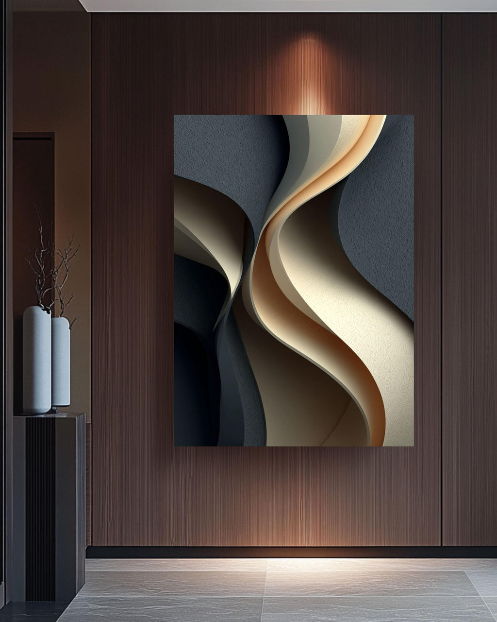 Abstract Wavy 3D Canvas Art, Gray Beige Curved Shapes Print