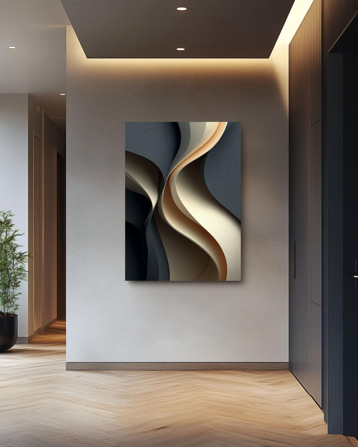 Abstract Wavy 3D Canvas Art, Gray Beige Curved Shapes Print
