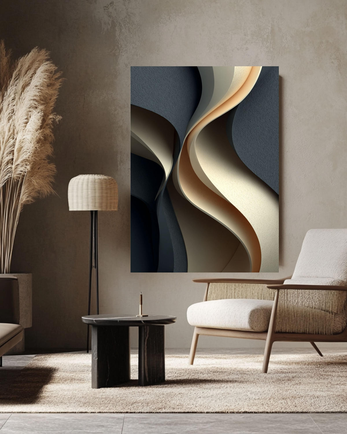 Abstract Wavy 3D Canvas Art, Gray Beige Curved Shapes Print