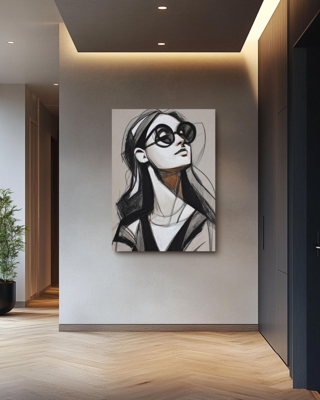 Figurative Woman Sketch Canvas Print, Charcoal Pencil Portrait Art