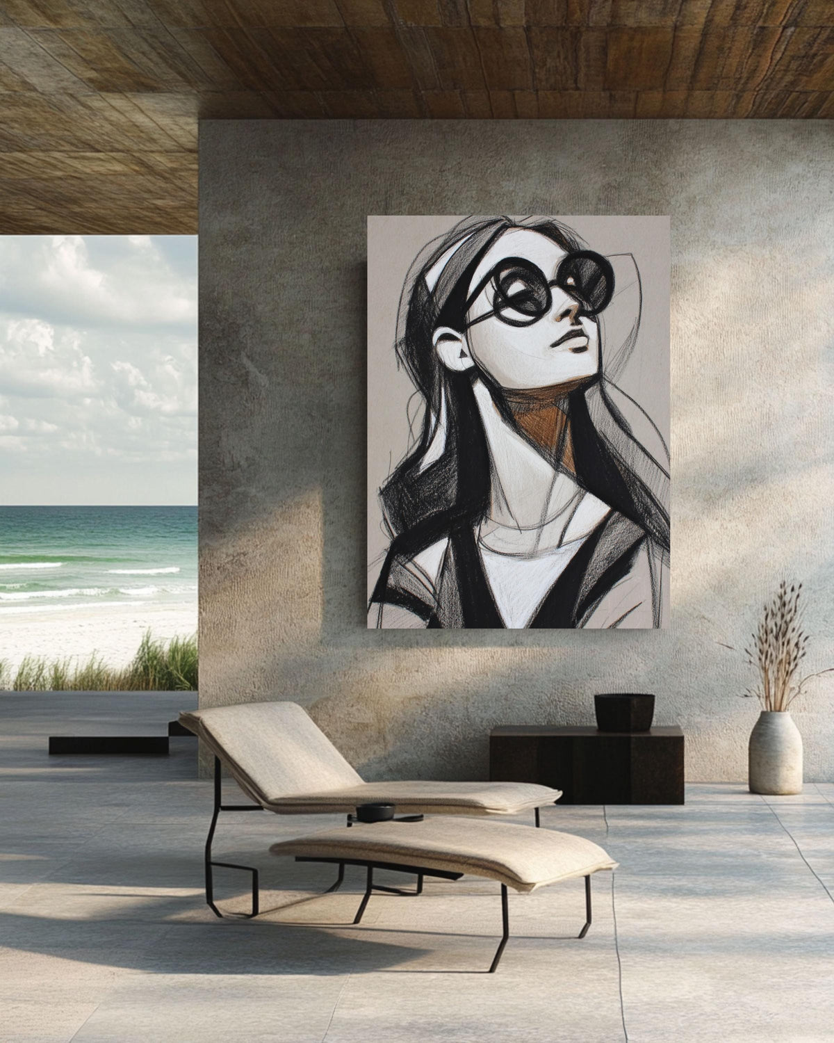 Figurative Woman Sketch Canvas Print, Charcoal Pencil Portrait Art
