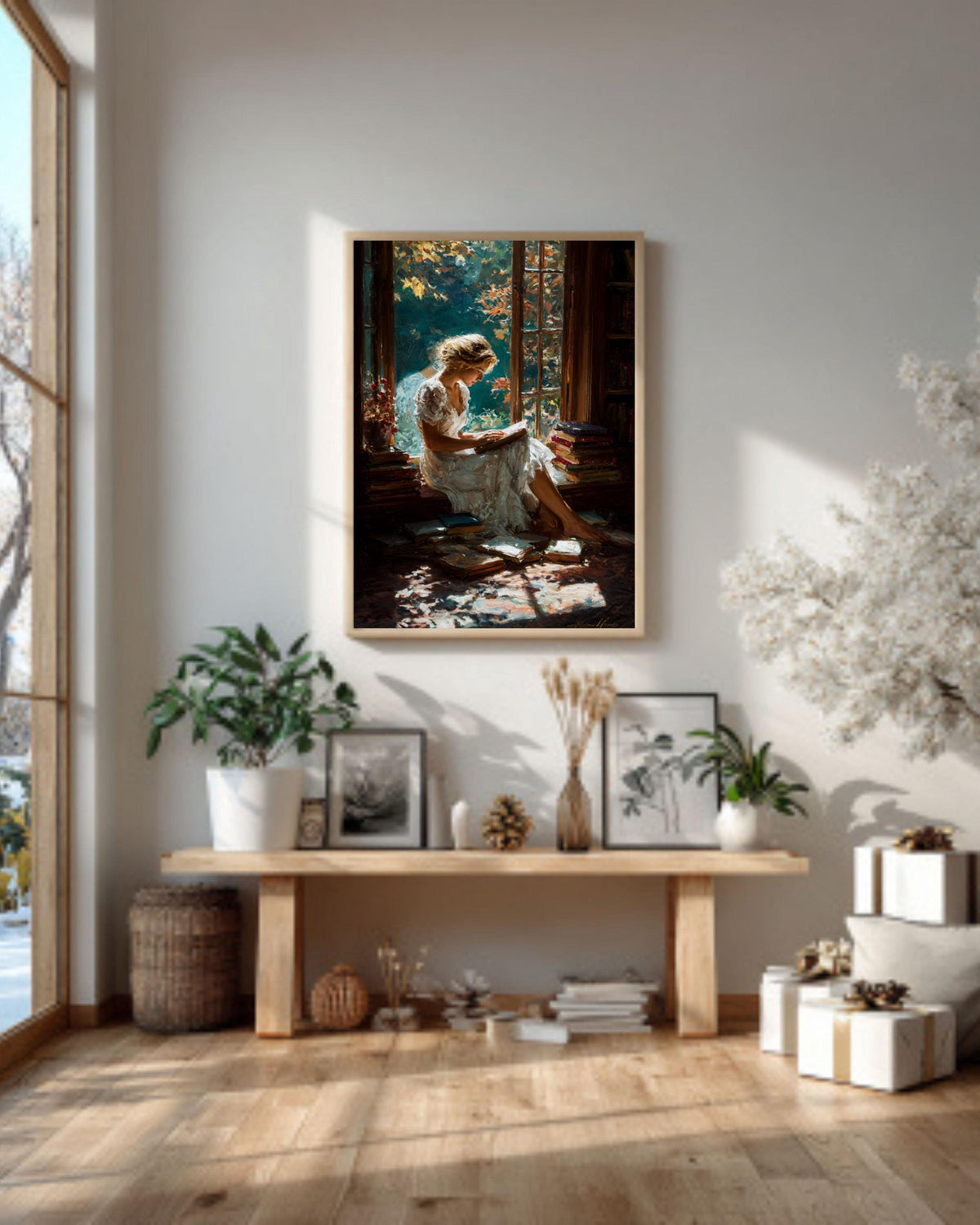 Girl Reading Canvas Print, Cozy Library Window Seat, Light Academia Art
