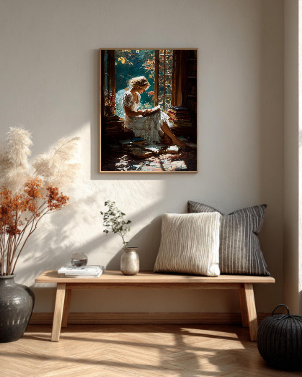 Girl Reading Canvas Print, Cozy Library Window Seat, Light Academia Art
