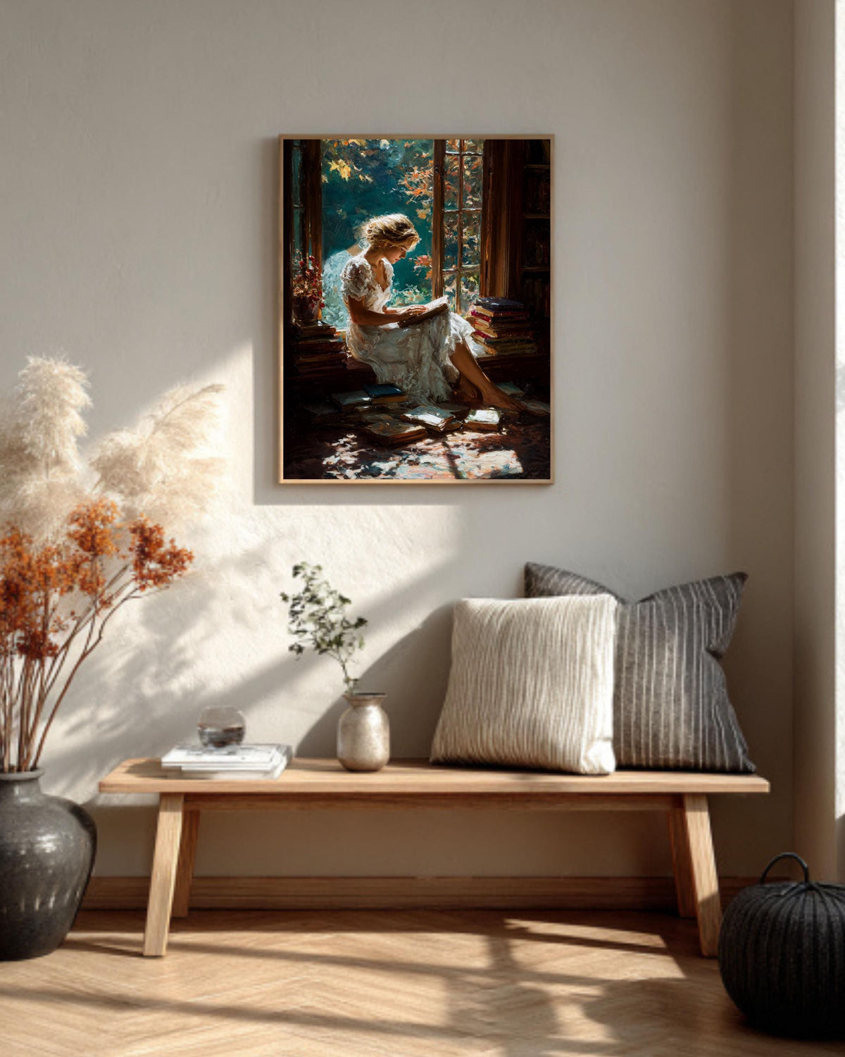 Girl Reading Canvas Print, Cozy Library Window Seat, Light Academia Art