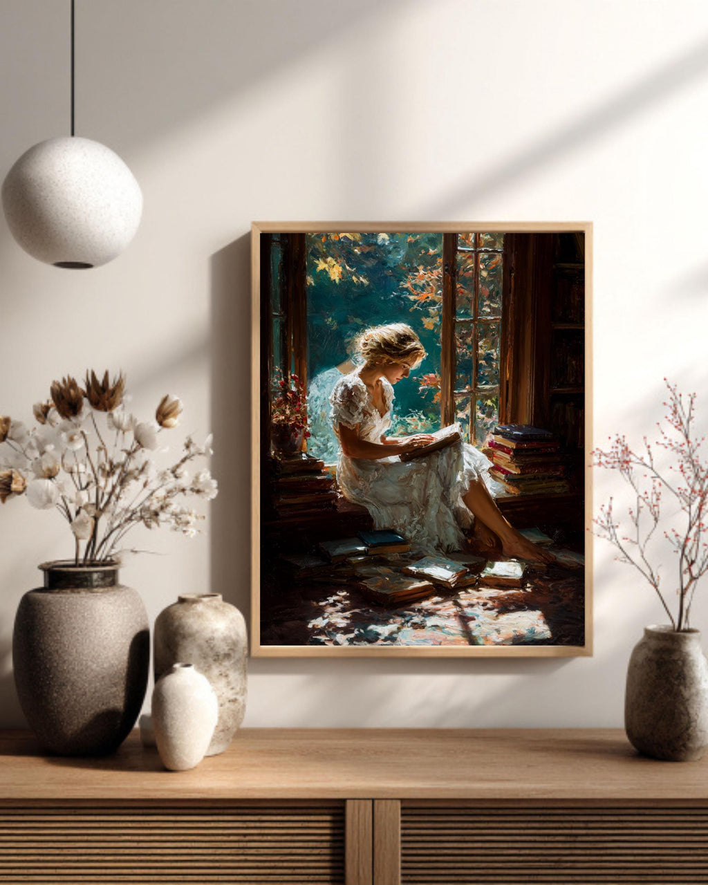 Girl Reading Canvas Print, Cozy Library Window Seat, Light Academia Art
