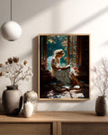 Girl Reading Canvas Print, Cozy Library Window Seat, Light Academia Art
