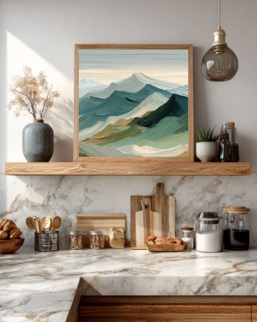Sage Green Mountain Canvas Art: Japandi Landscape Painting