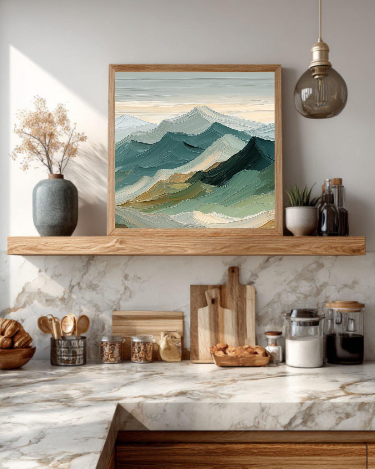 Sage Green Mountain Canvas Art: Japandi Landscape Painting