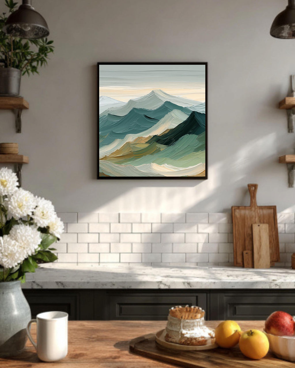 Sage Green Mountain Canvas Art: Japandi Landscape Painting