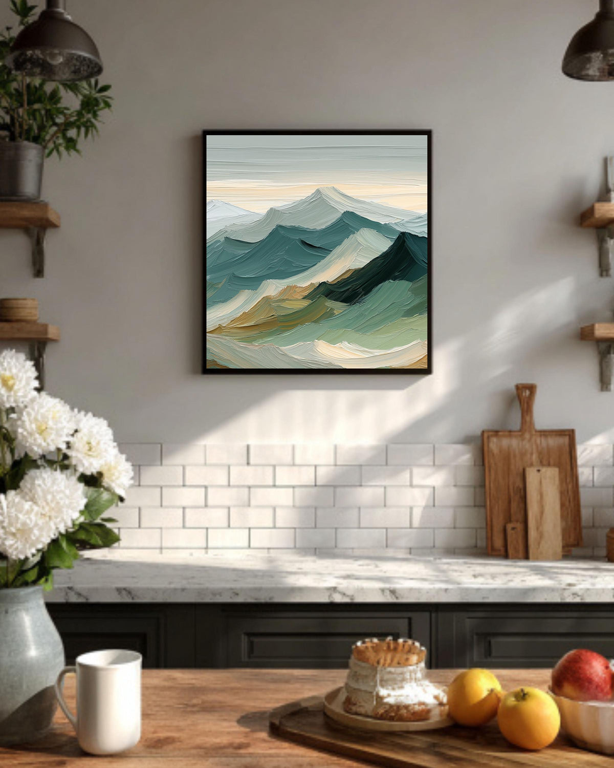 Sage Green Mountain Canvas Art: Japandi Landscape Painting