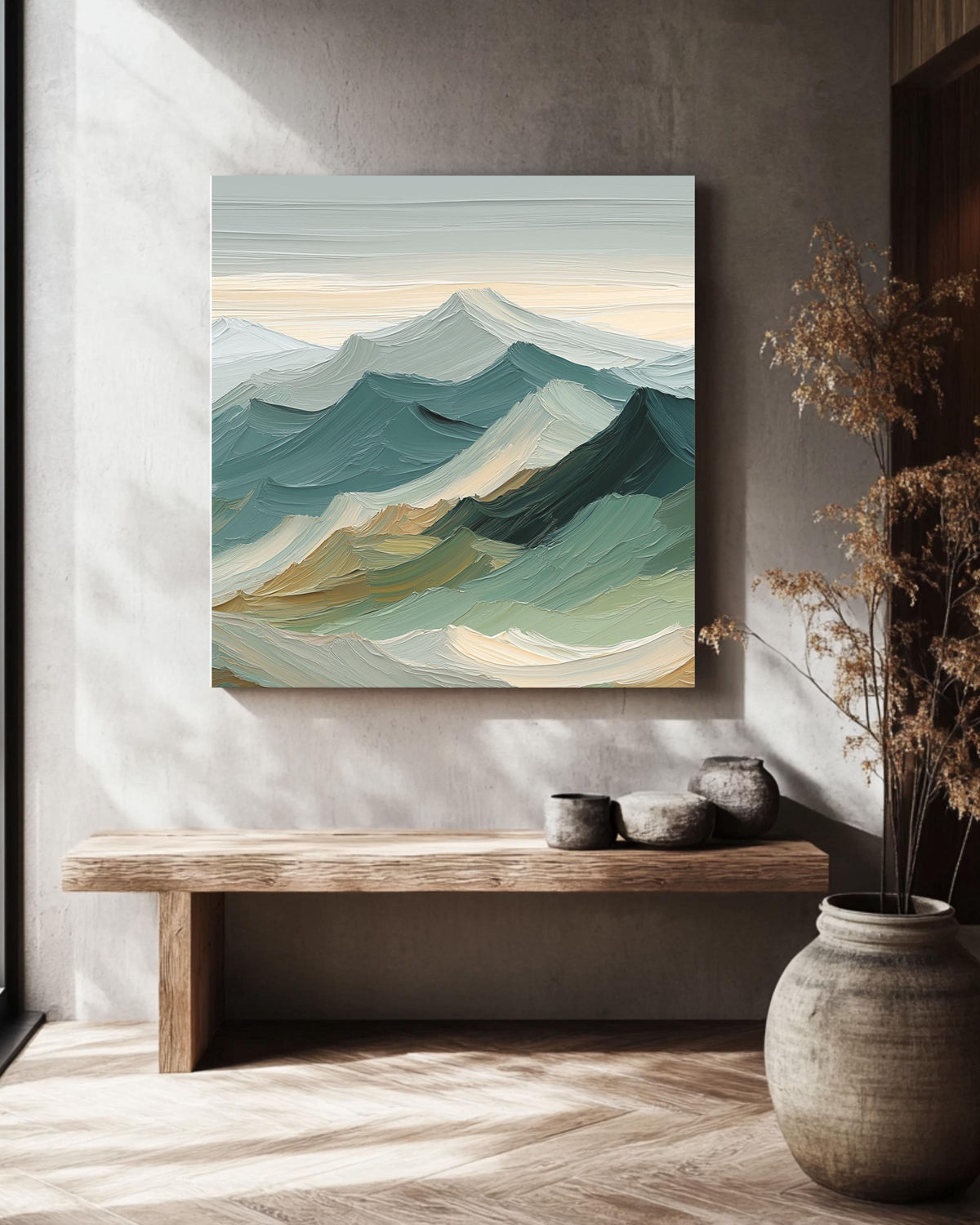 Sage Green Mountain Canvas Art: Japandi Landscape Painting