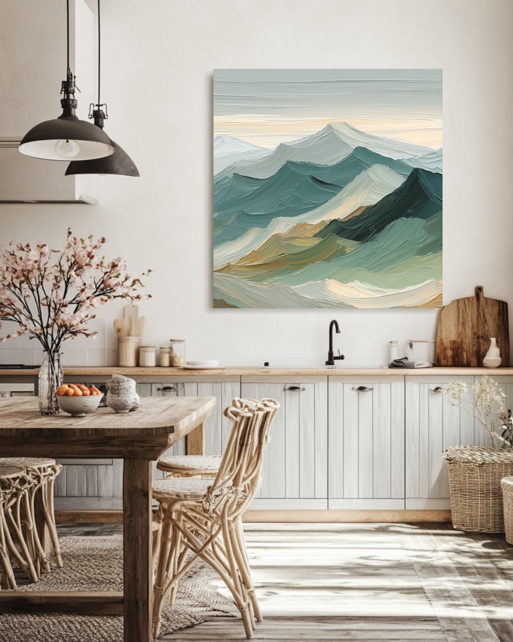 Sage Green Mountain Canvas Art: Japandi Landscape Painting