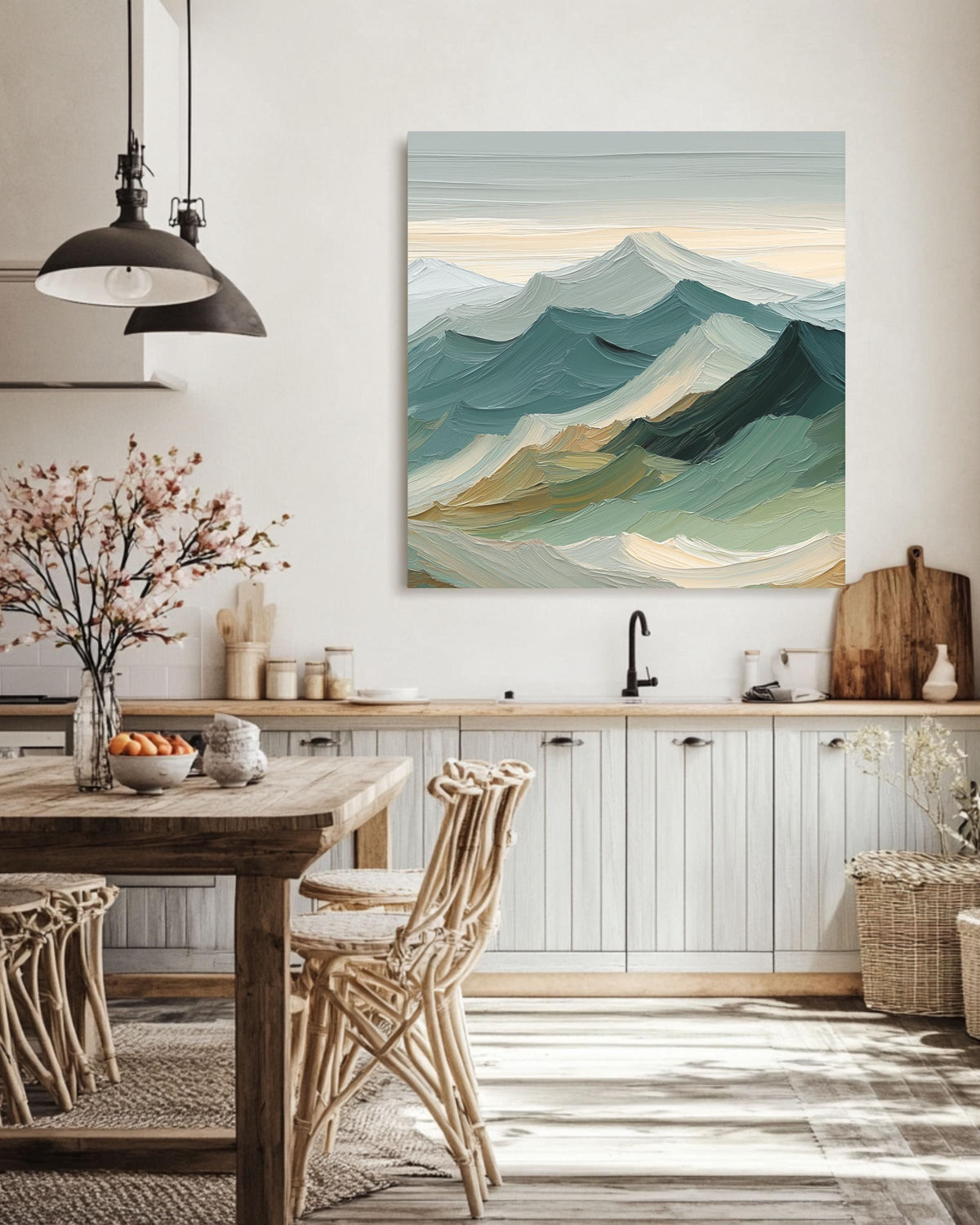 Sage Green Mountain Canvas Art: Japandi Landscape Painting
