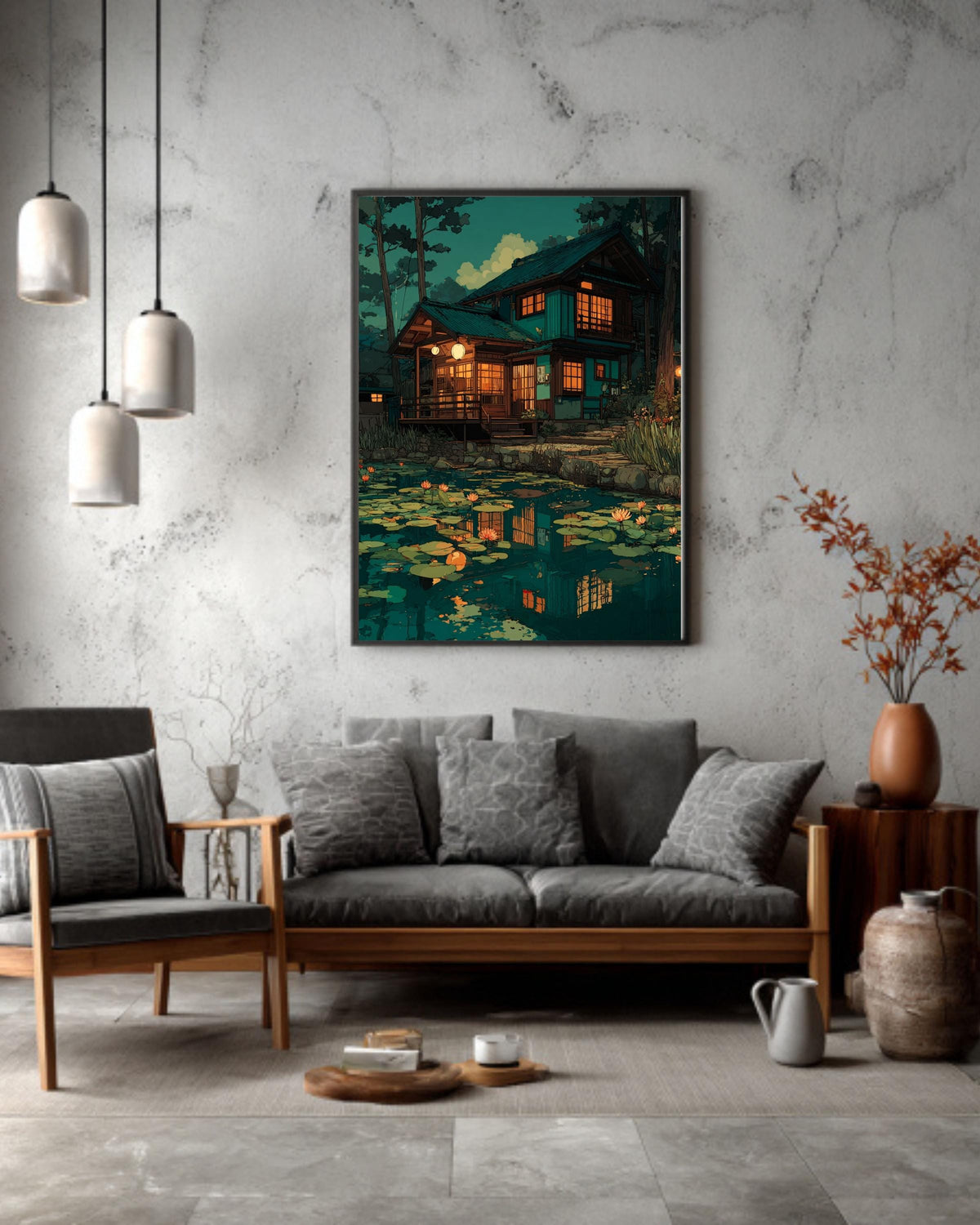 Japanese Garden Canvas, Zen Pond Scenery Art, Oriental Landscape Print
