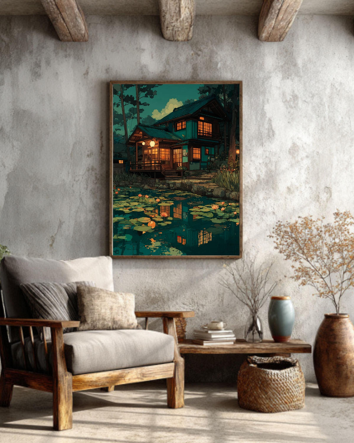 Japanese Garden Canvas, Zen Pond Scenery Art, Oriental Landscape Print