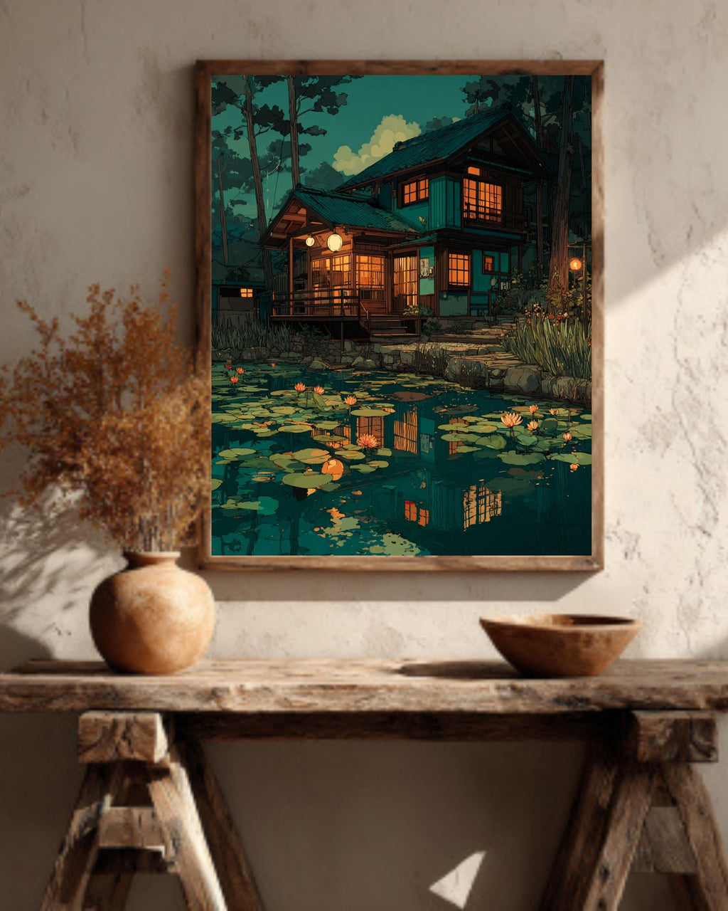 Japanese Garden Canvas, Zen Pond Scenery Art, Oriental Landscape Print