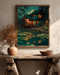 Japanese Garden Canvas, Zen Pond Scenery Art, Oriental Landscape Print