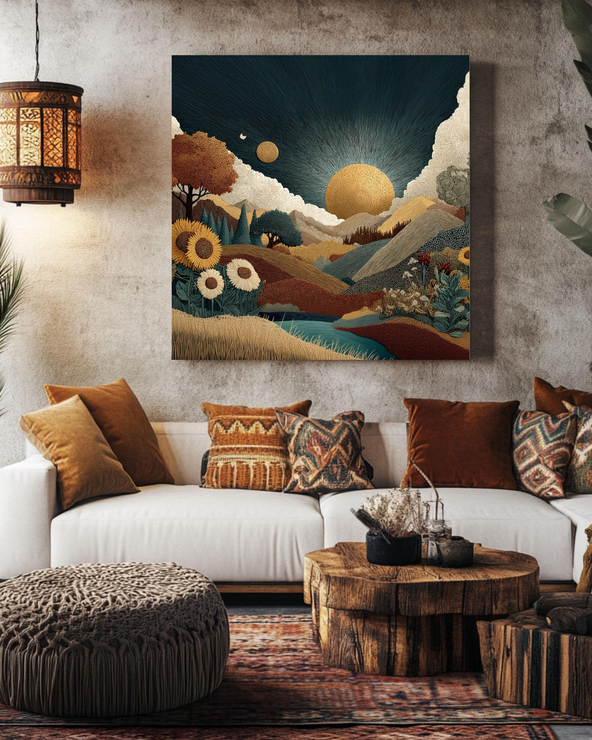 Southwestern Sun Canvas Print, Boho Mountain Landscape, Floral Decor