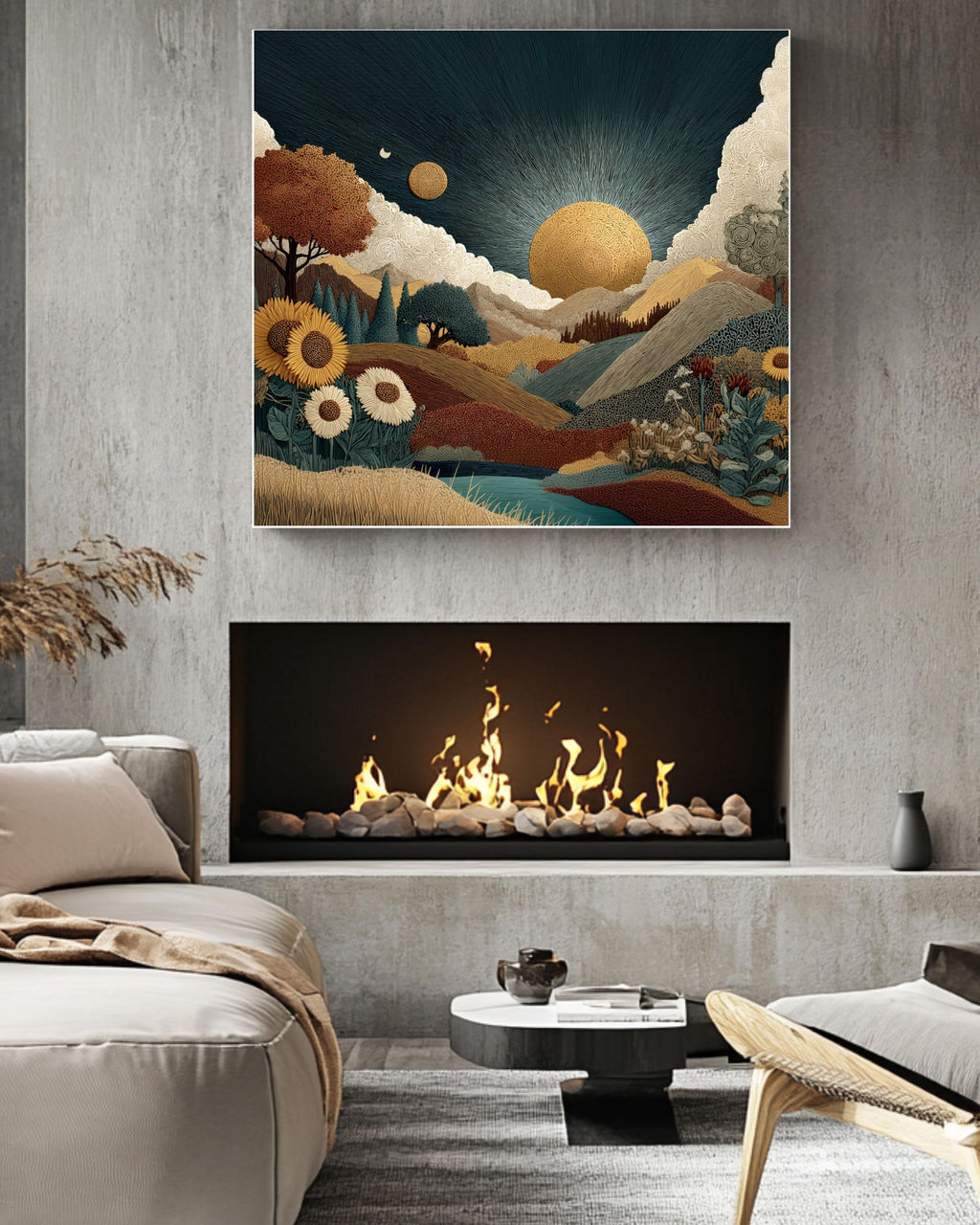 Southwestern Sun Canvas Print, Boho Mountain Landscape, Floral Decor