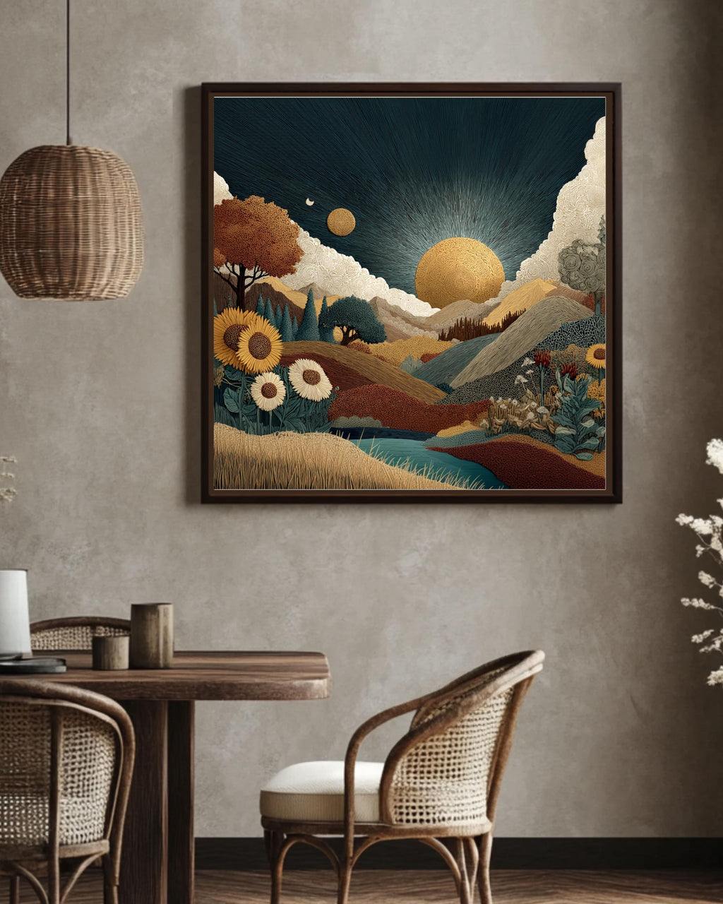 Southwestern Sun Canvas Print, Boho Mountain Landscape, Floral Decor