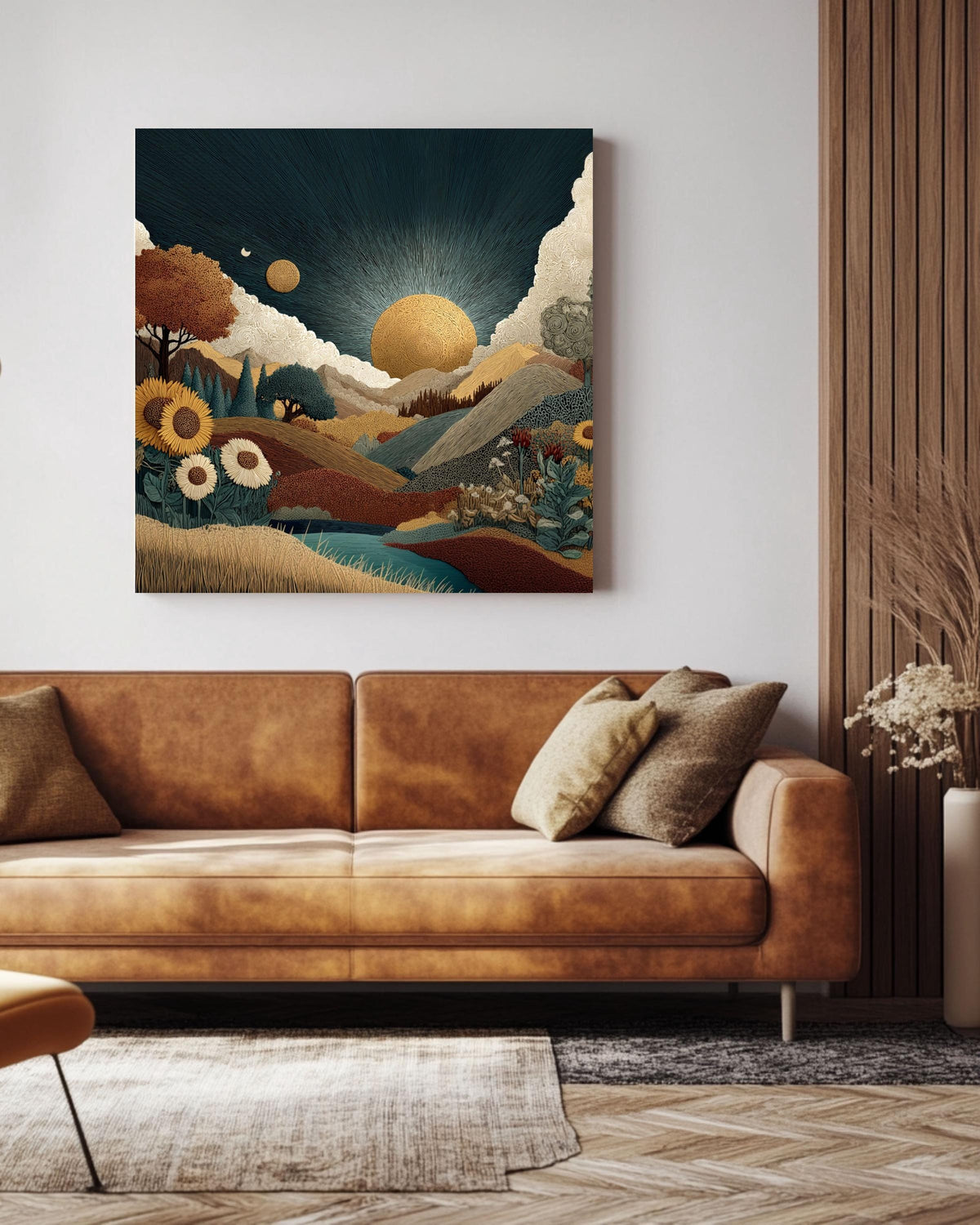 Southwestern Sun Canvas Print, Boho Mountain Landscape, Floral Decor