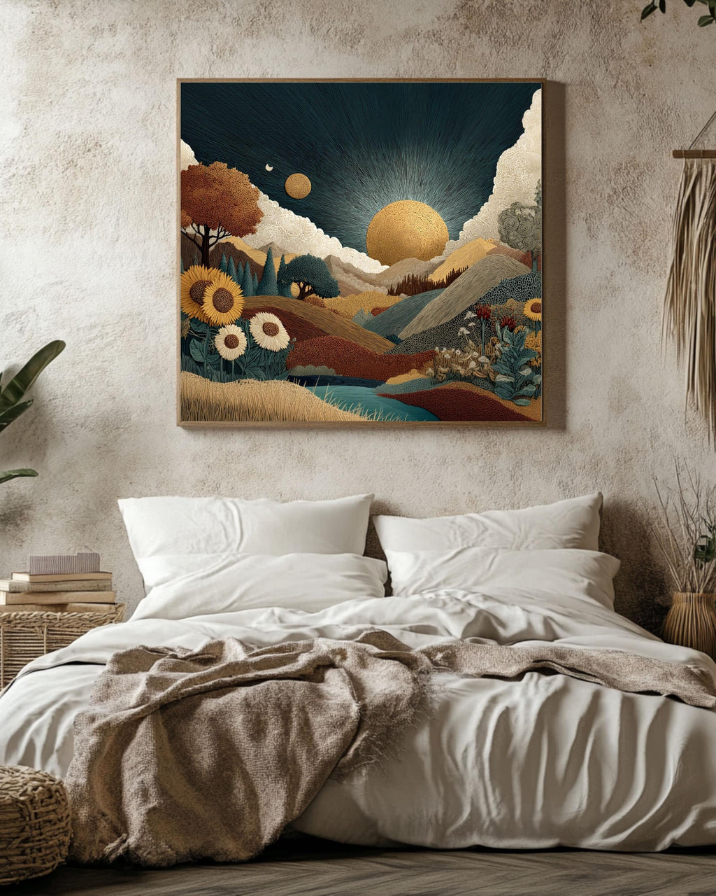 Southwestern Sun Canvas Print, Boho Mountain Landscape, Floral Decor