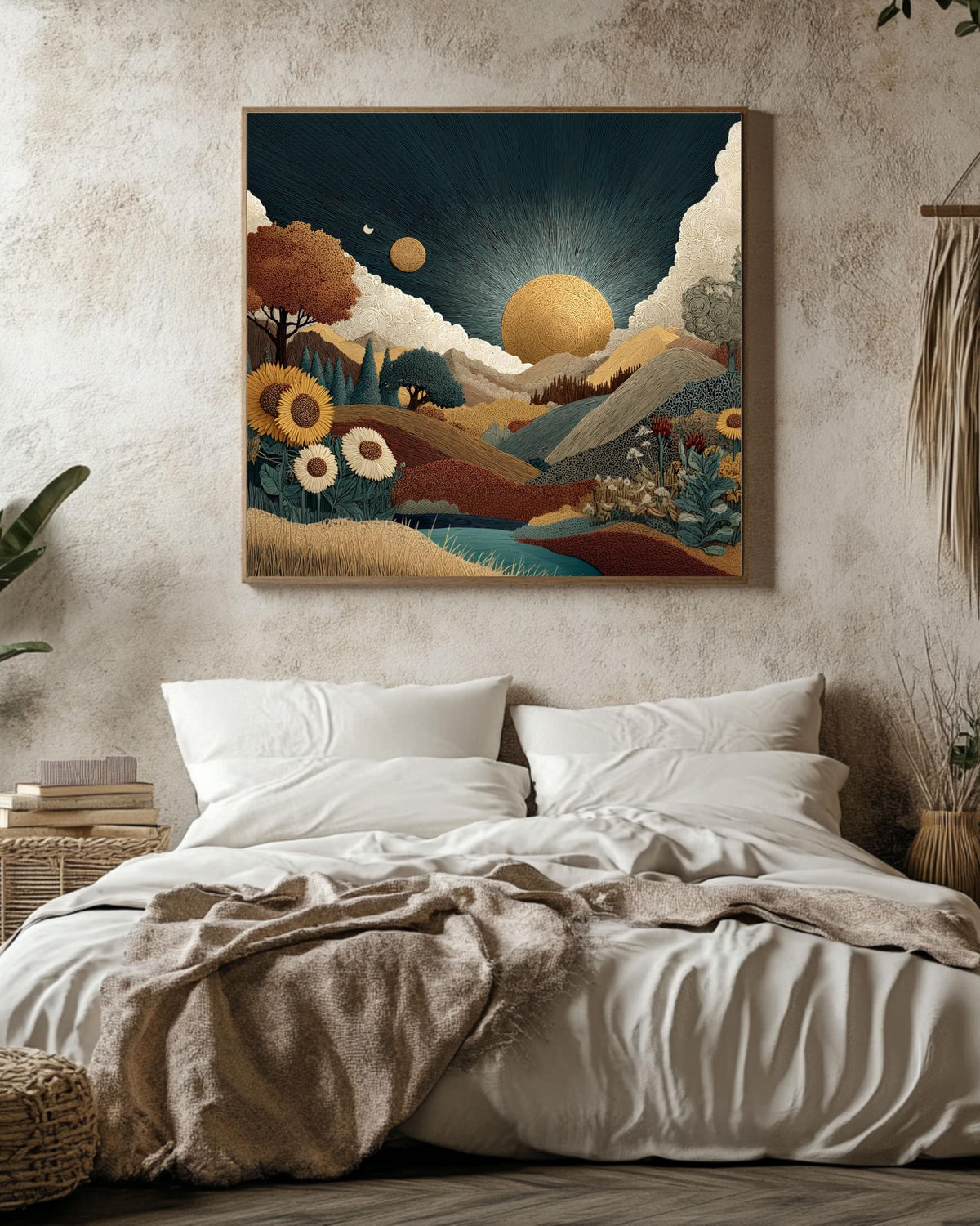 Southwestern Sun Canvas Print, Boho Mountain Landscape, Floral Decor