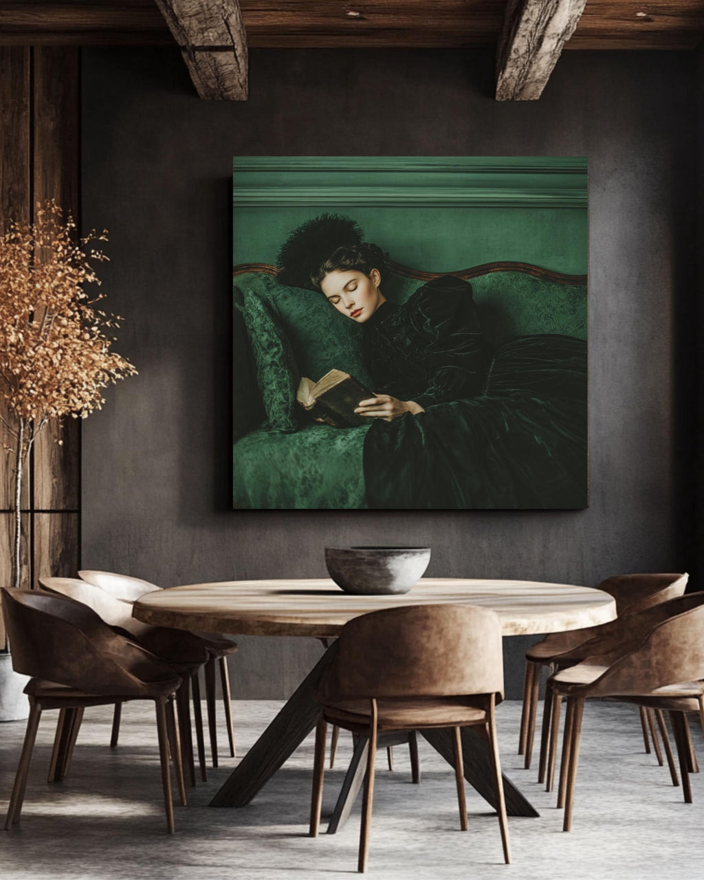 Victorian Woman Canvas Art, Elegant Reading Lady, Green Sofa Print