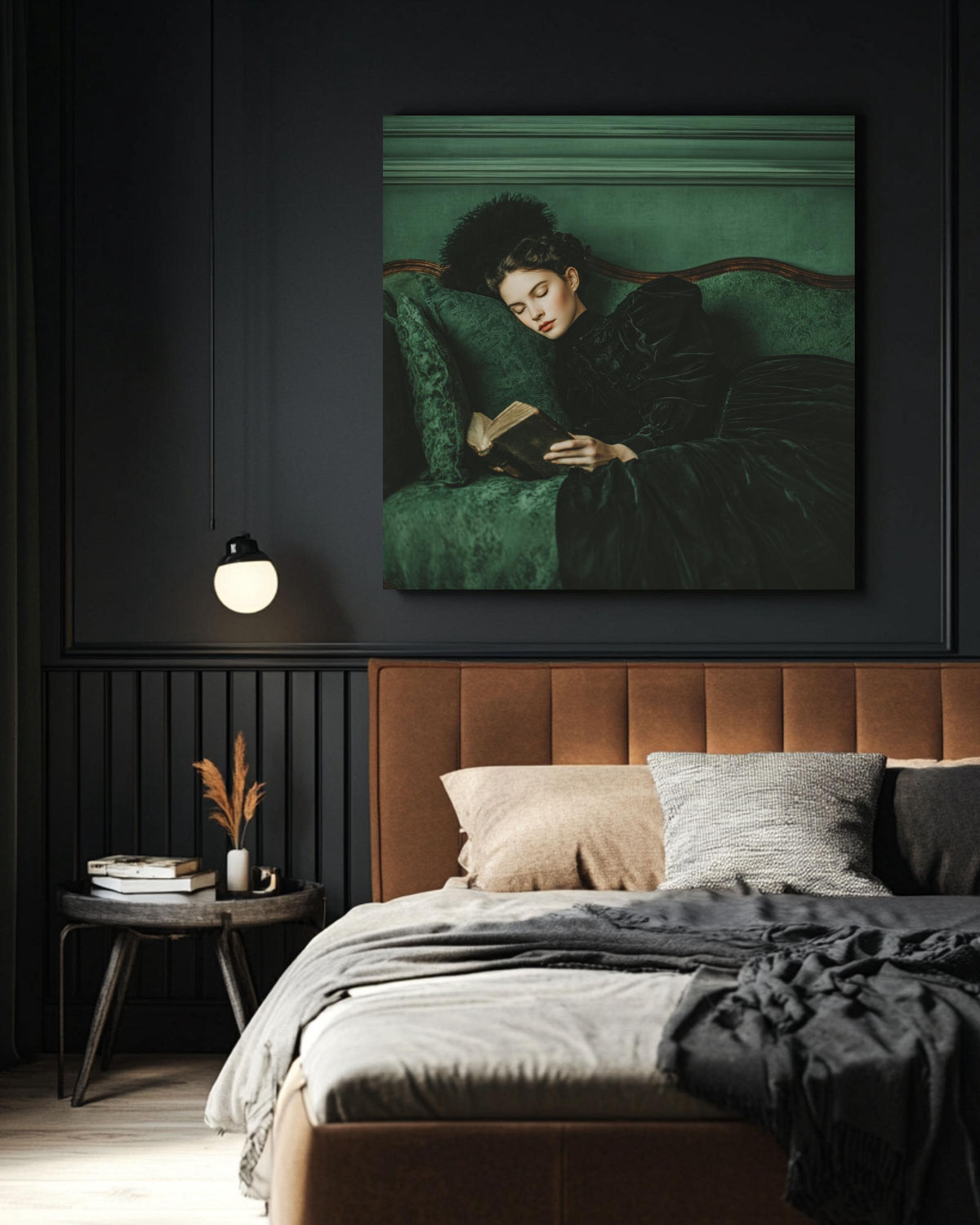 Victorian Woman Canvas Art, Elegant Reading Lady, Green Sofa Print