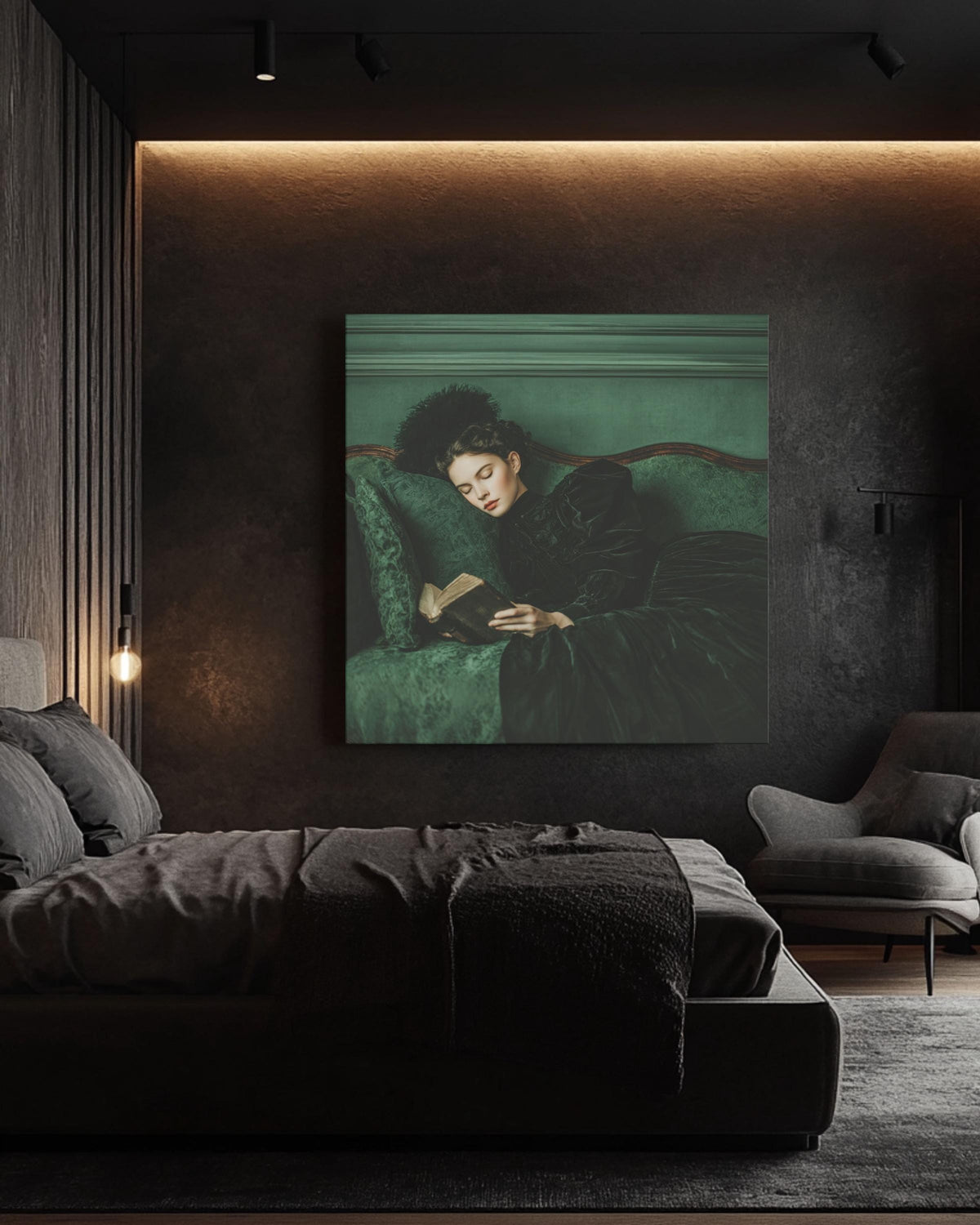 Victorian Woman Canvas Art, Elegant Reading Lady, Green Sofa Print