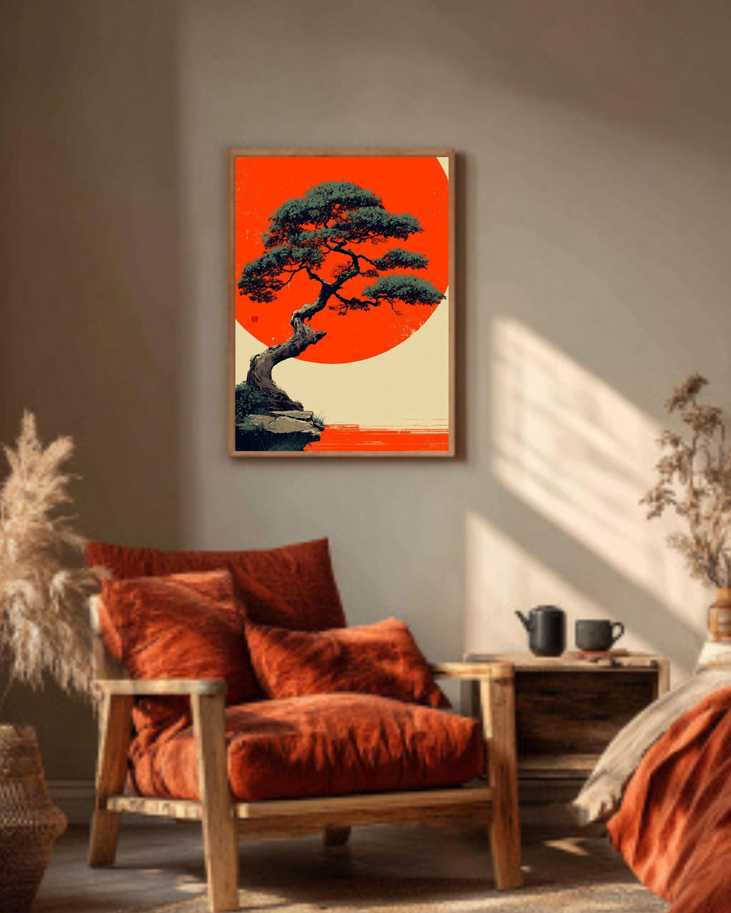 Bonsai Tree Canvas Print, Okinawa Sunset, Asian Minimalist Wall Art