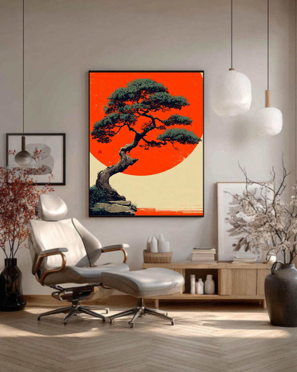 Bonsai Tree Canvas Print, Okinawa Sunset, Asian Minimalist Wall Art