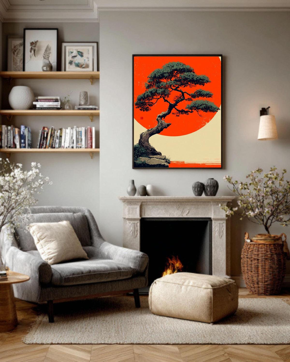 Bonsai Tree Canvas Print, Okinawa Sunset, Asian Minimalist Wall Art