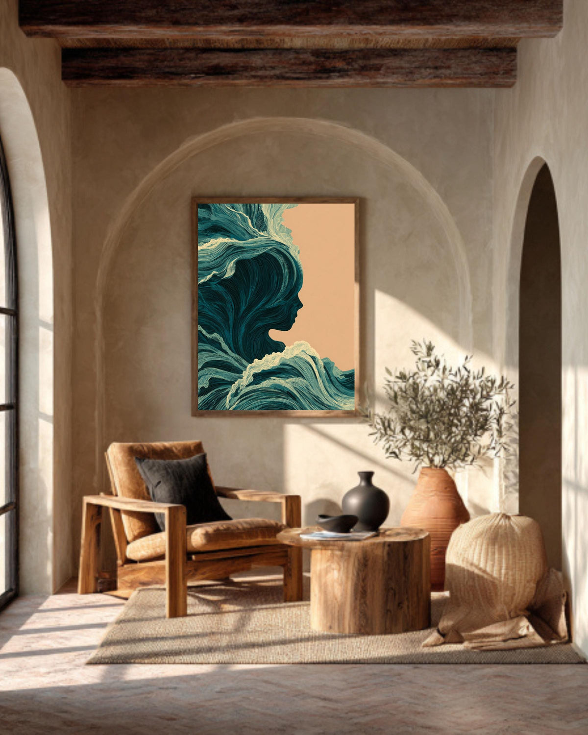 Abstract Ocean Waves Canvas, Feminine Silhouette, Coastal Home Decor