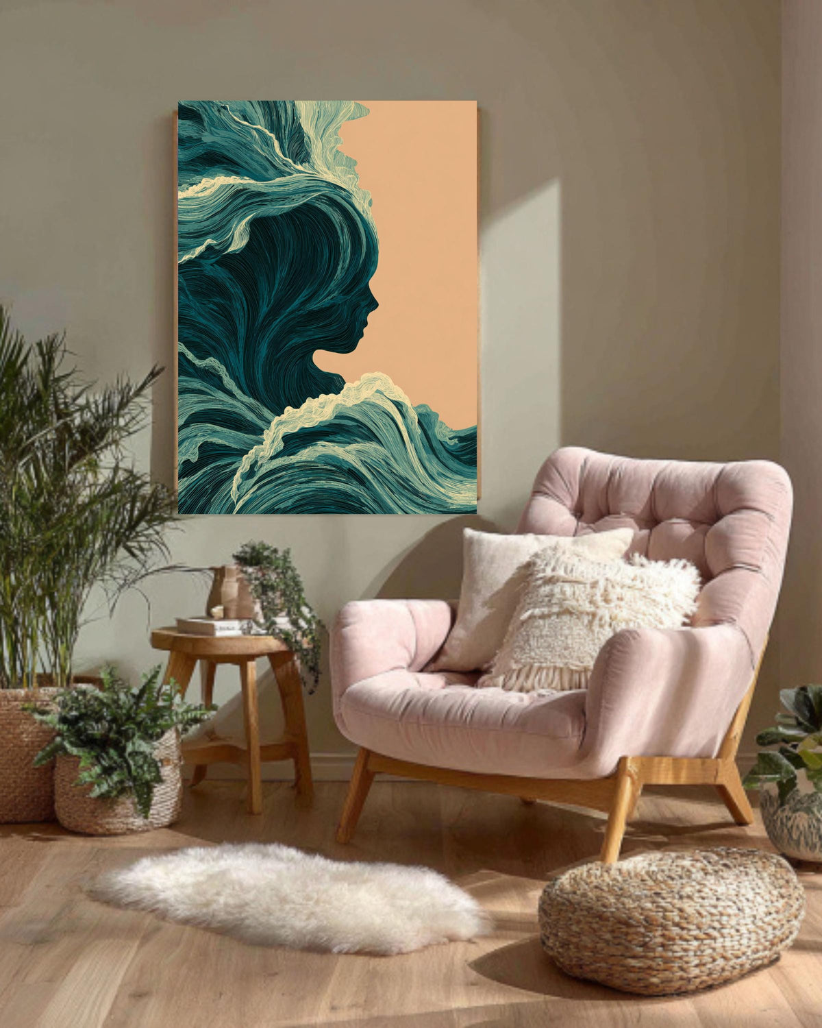 Abstract Ocean Waves Canvas, Feminine Silhouette, Coastal Home Decor