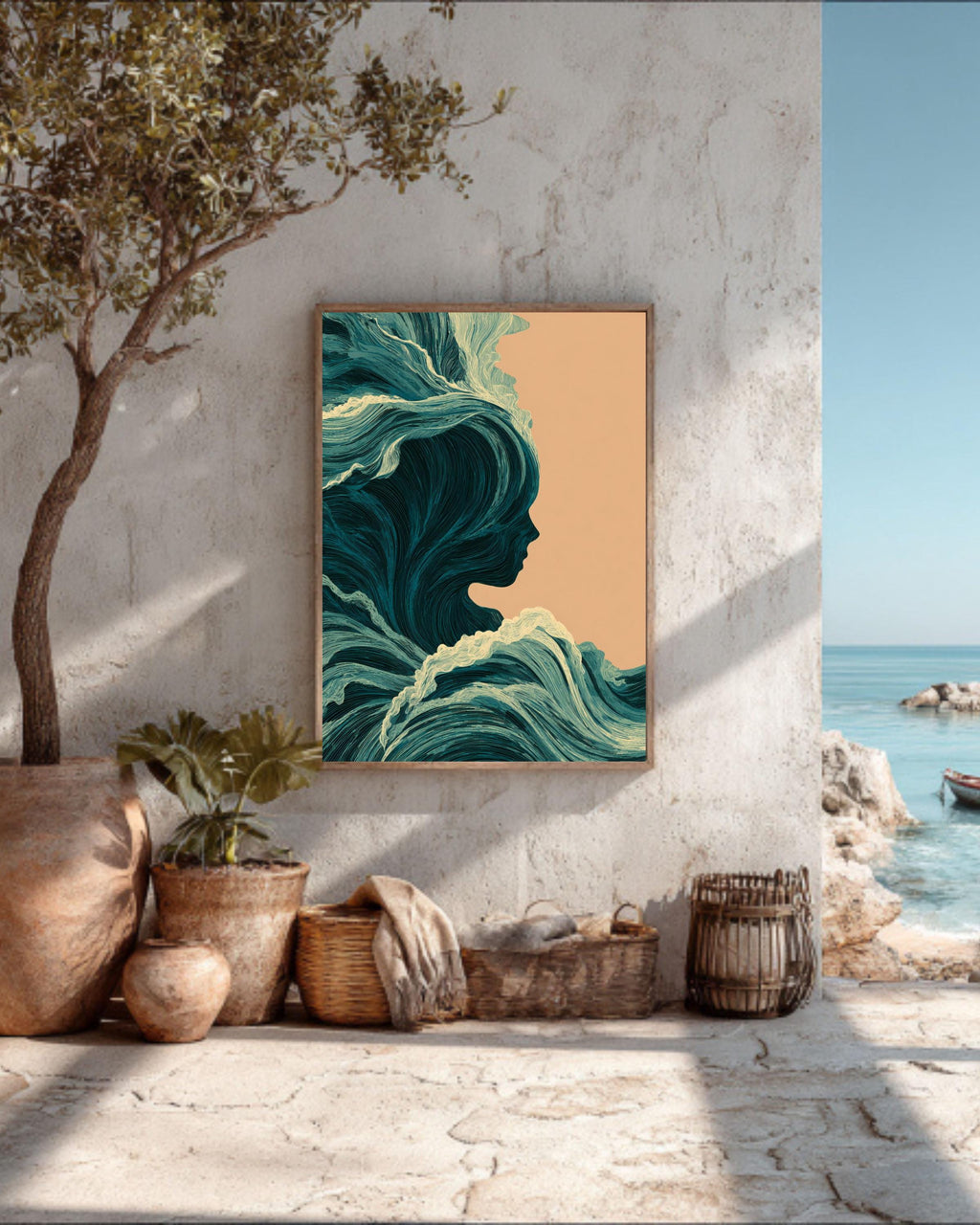 Abstract Ocean Waves Canvas, Feminine Silhouette, Coastal Home Decor