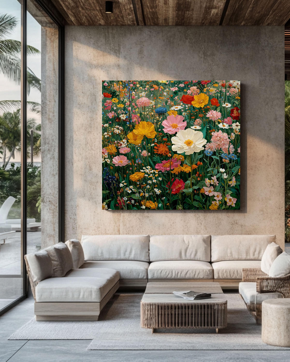Klimt Style Flower Field Canvas Print, Abstract Floral Botanical Wall Art