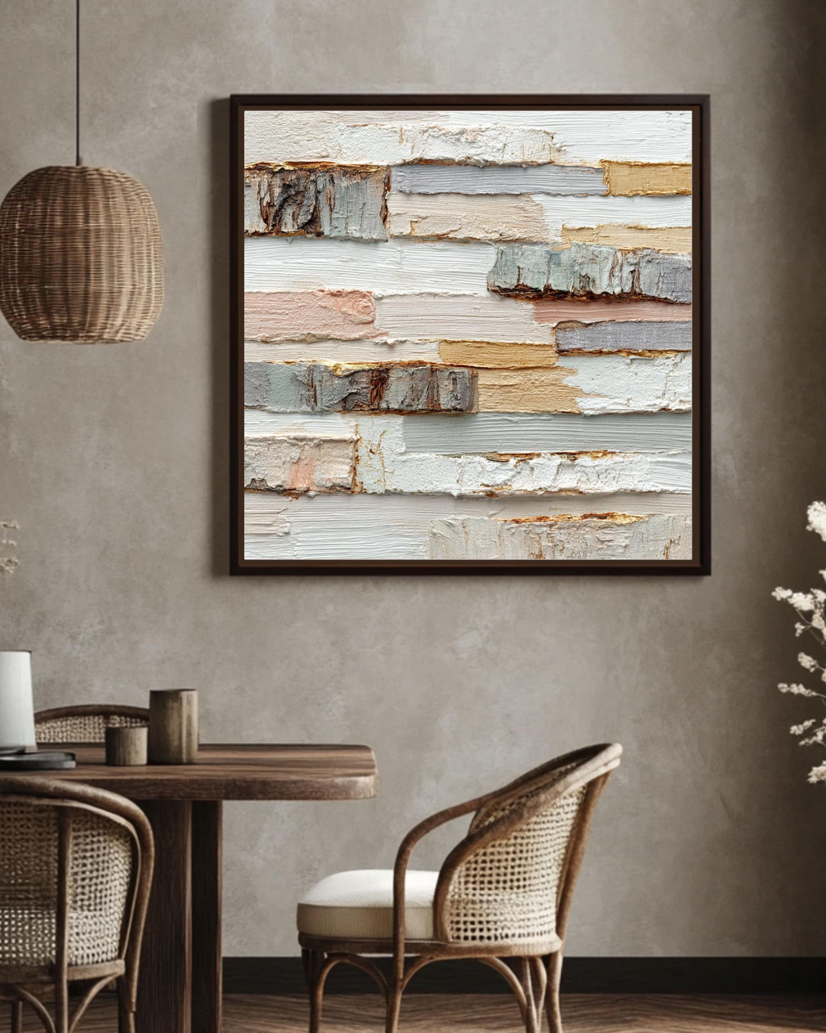 Textured Wood Block Art Canvas, Beige White Impasto Print