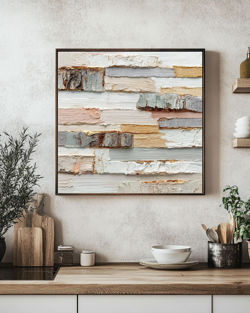 Textured Wood Block Art Canvas, Beige White Impasto Print