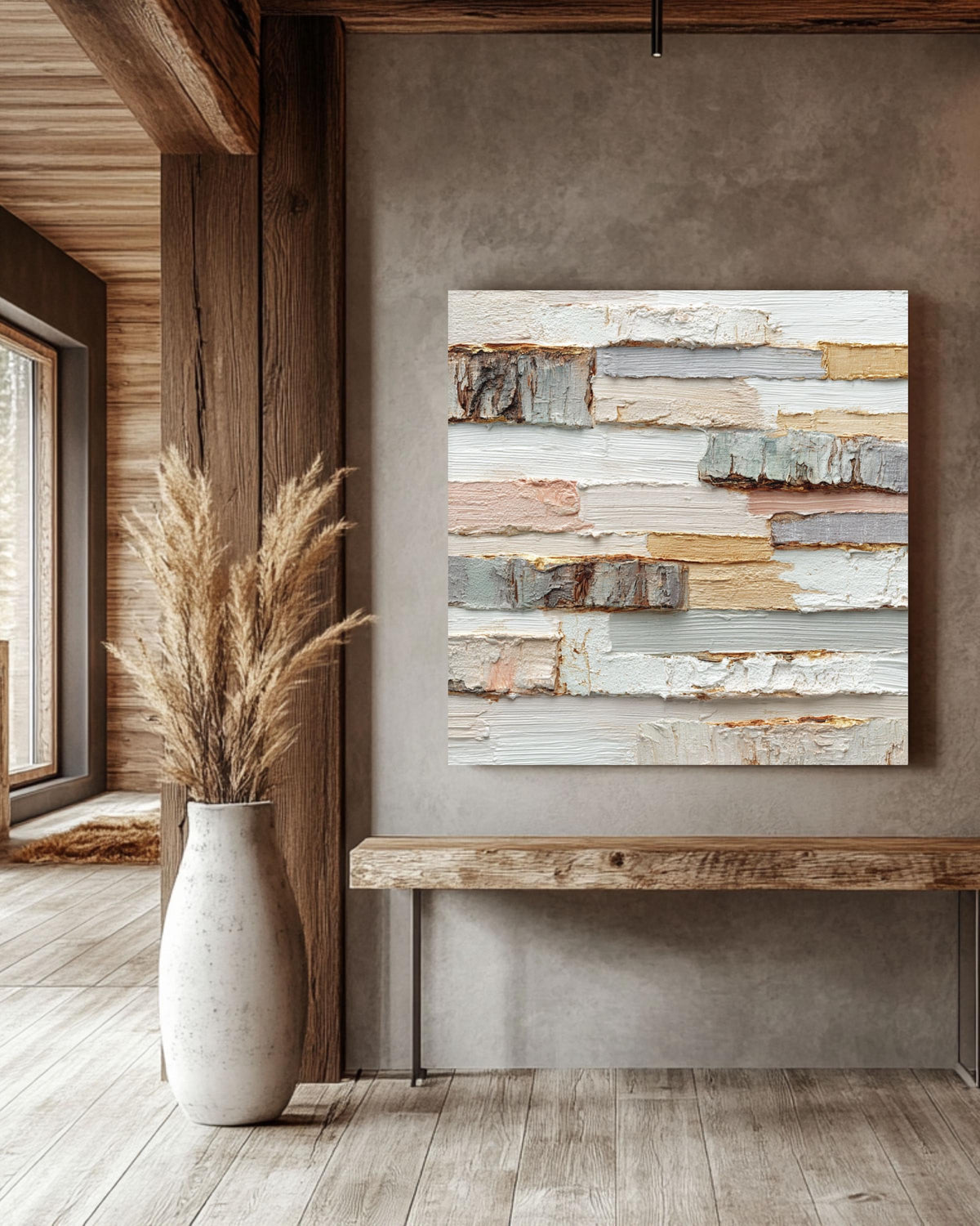 Textured Wood Block Art Canvas, Beige White Impasto Print